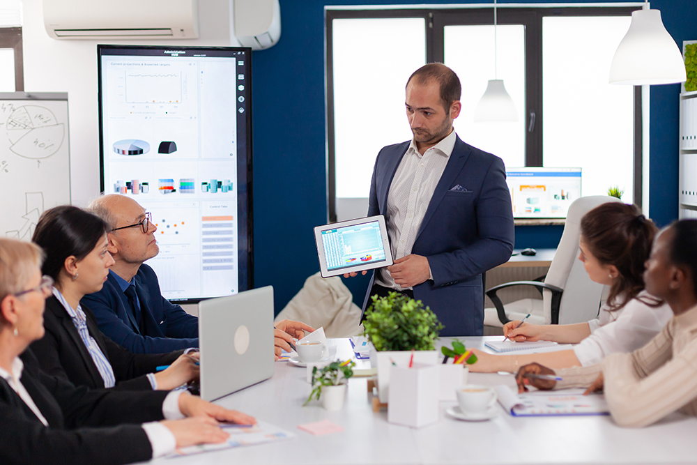 Team discussing strategy in office