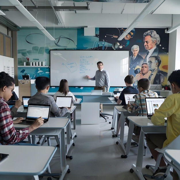 School classroom with students using tablets